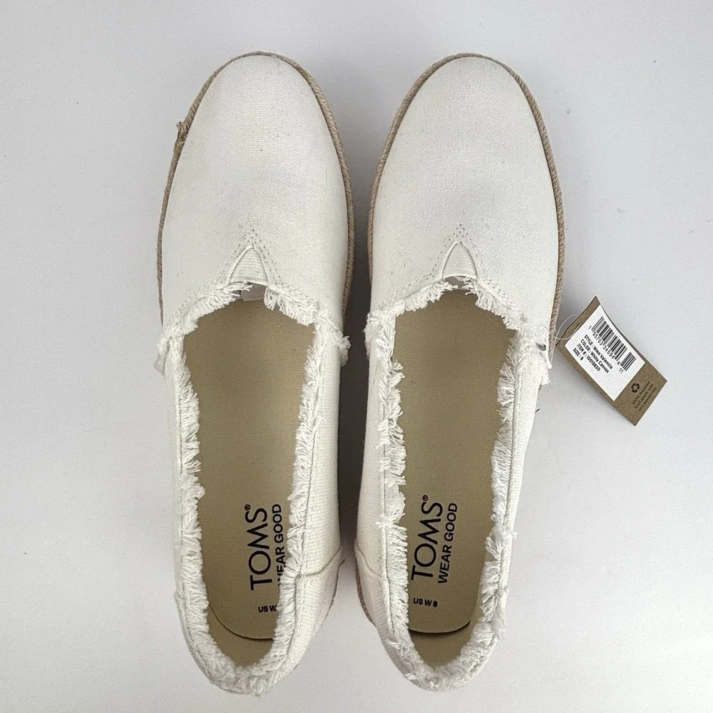 TOMS Valencia Platform Espadrille Slip On White Canvas Shoes 8 NWT Coastal